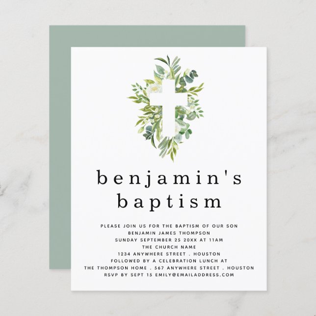Papier Invitation Budget Eucalyptus Cross Baptism (Devant / Derrière)