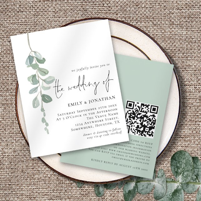 Papier Invitation Budget Eucalyptus Script QR Sage Weddin (Front and back view)