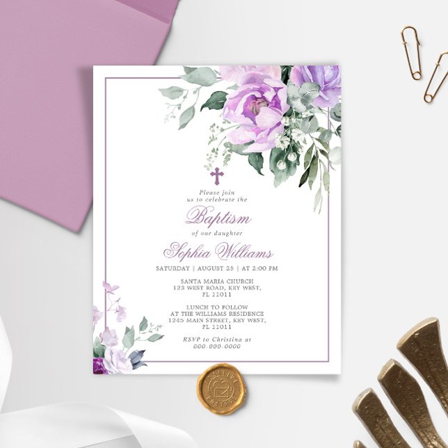Papier Invitation Budget Eucalyptus Violet Fleur Baptême (Créateur téléchargé)