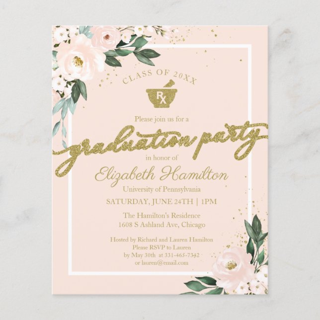 Papier Invitation Budget Floral Pharmacy Grad Party (Devant)