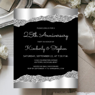 Papier Invitation Budget Glam Argent Noir 25e Anniversair