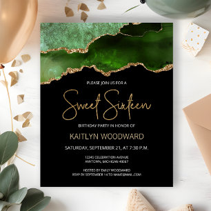 Papier Invitation Budget Green Gold Agate Dark Sweet 16