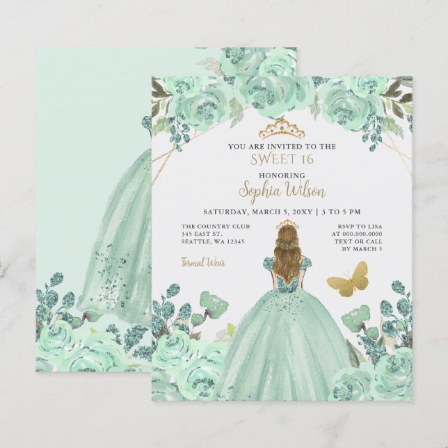 Papier Invitation Budget Mint Gold Princess Sweet 16 (Devant / Derrière)