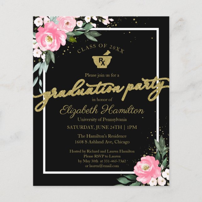 Papier Invitation Budget Pharmacy Grad Party Floral Noir (Devant)