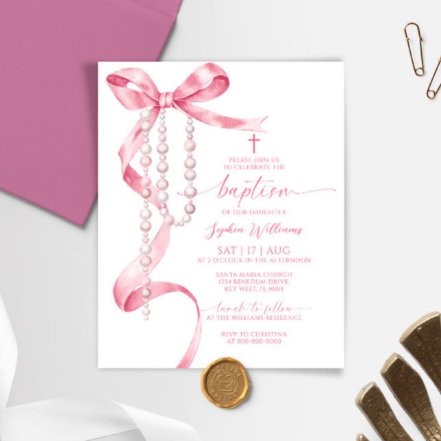 Papier Invitation Budget Pink Bow & Rosary Baptism (Créateur téléchargé)
