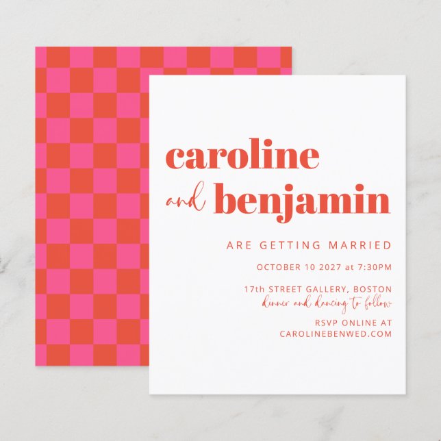 Papier Invitation Budget Pink Red Simple Checkerboard Wed (Devant / Derrière)