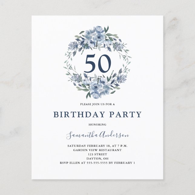 Papier Invitation budget pour 50e anniversaire floral ble (Devant)