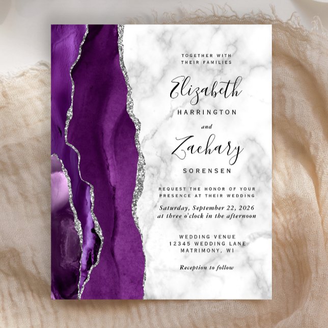 Papier Invitation Budget Purple Argent Agate Marbre Maria (Créateur téléchargé)