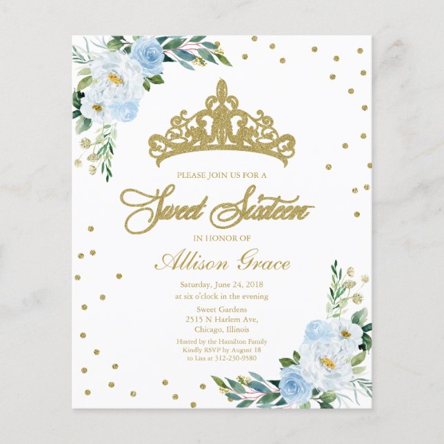 Papier Invitation Budget Sweet 16 Couronne Dusty Blue Flo (Devant)