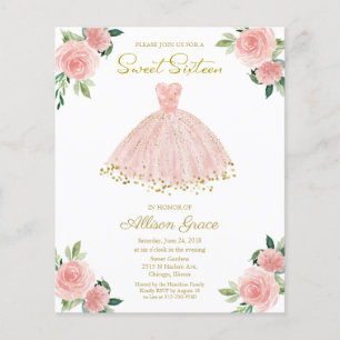 Papier Invitation Budget Sweet 16 Robe Dorée Rose Pâle