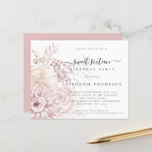 Papier Invitation Budget Sweet Sixteen Fleurs roses poudr