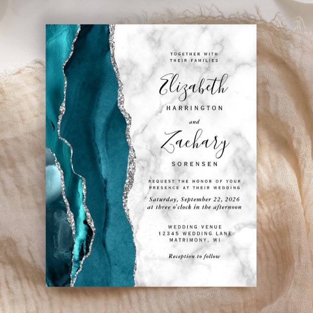 Papier Invitation Budget Turquoise Argent Agate Marbre Ma (Créateur téléchargé)