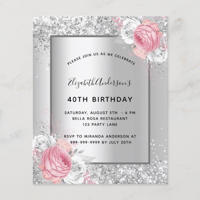 Papier Invitation budgétaire à l'anniversaire argent rose (Devant)