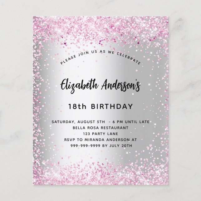 Papier Invitation budgétaire Anniversaire rose rose étinc (Devant)