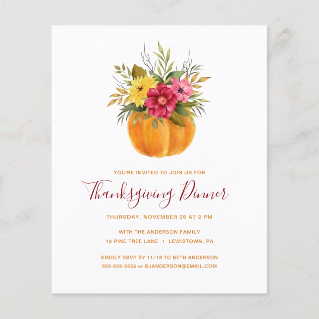 PAPIER INVITATION BUDGETAIRE DE THANKSGIVING FLEURS AUTOM (Devant)