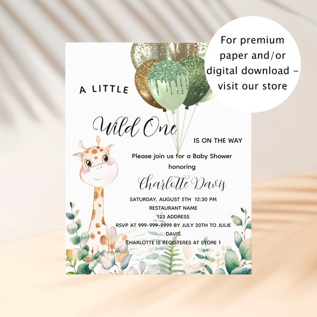 Papier Invitation budgétaire Wild one baby shower girafe (Créateur téléchargé)
