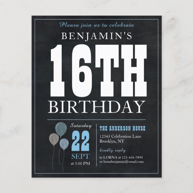 Papier Invitation d'anniversaire 16 ans Tableau Noir Bleu (Devant)