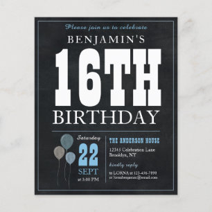Papier Invitation d'anniversaire 16 ans Tableau Noir Bleu