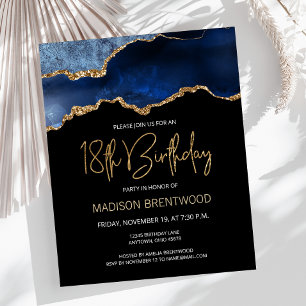 Papier Invitation d'anniversaire 18 ans Budget Blue Gold
