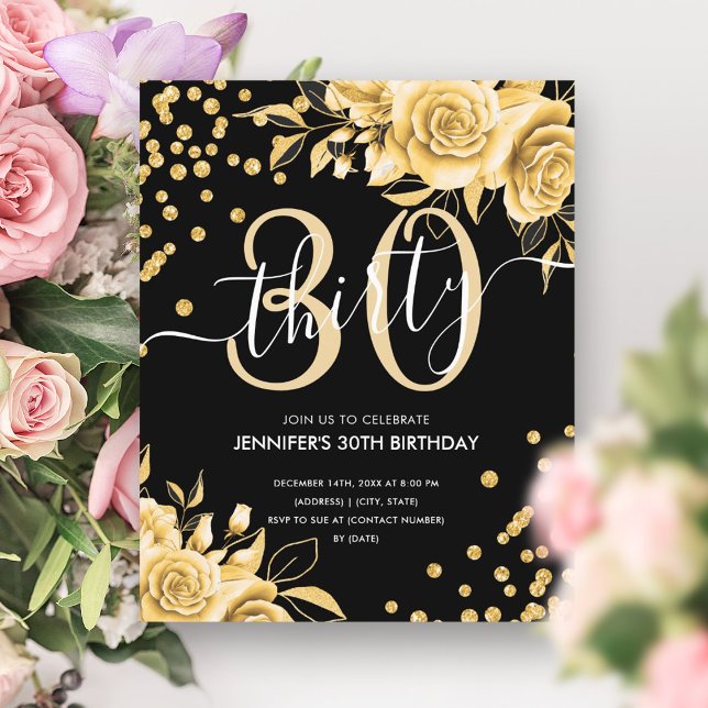 Papier Invitation d'anniversaire 30 ans Noir Paillettes F (BUDGET Gold Floral Glitter 30th Birthday Black)