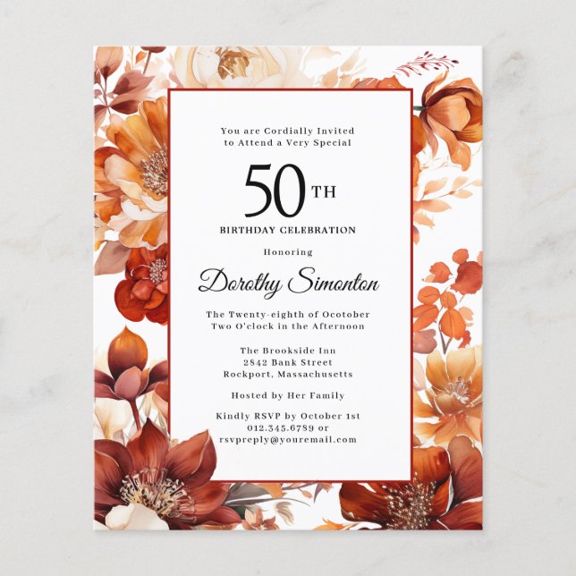 Papier Invitation d'anniversaire 50 ans Budget Fleurs d'a (Devant)