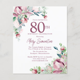 Papier Invitation d'anniversaire 80 ans à fleurs rose pas