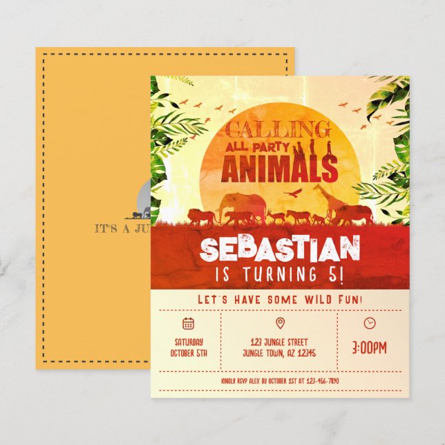 Papier Invitation d'anniversaire Budget Safari Jungle Ani (Devant / Derrière)