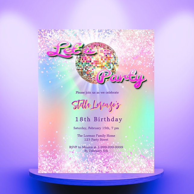 Papier Invitation d'anniversaire Disco party rose hologra (Créateur téléchargé)
