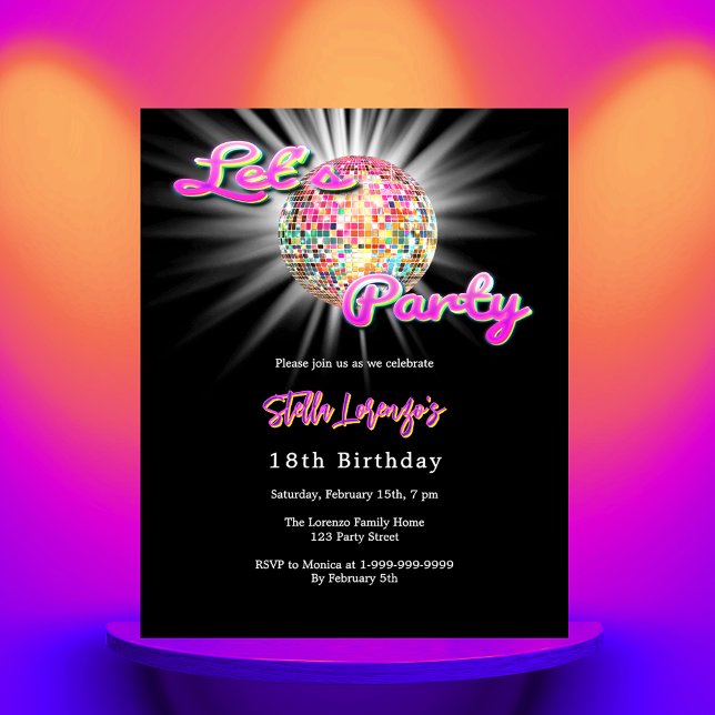 Papier Invitation d'anniversaire Disco party rose noir (Créateur téléchargé)
