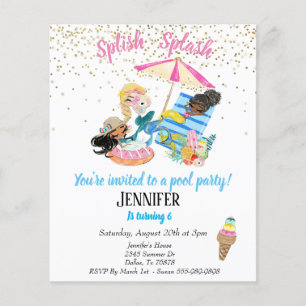 Papier Invitation d'anniversaire Fête autour de la piscin