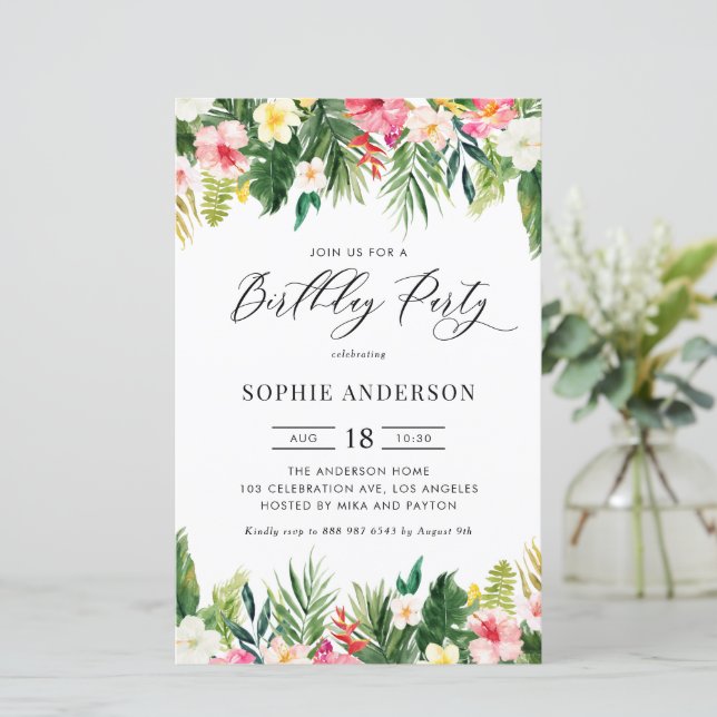 Papier Invitation d'anniversaire Fleurs tropicales et ver (Debout devant)