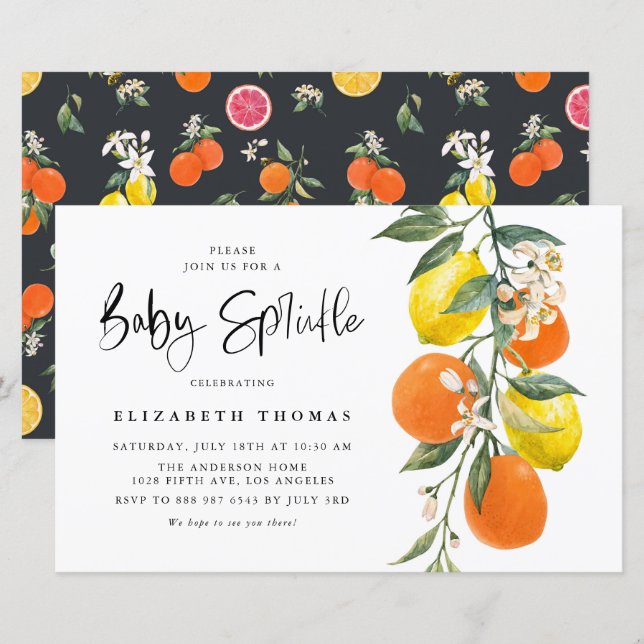 Papier Invitation d'arrosage de bébé d'orange et de citro (Devant / Derrière)