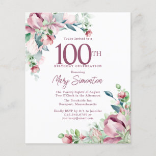 Papier Invitation de 100e anniversaire à fleurs rose bon