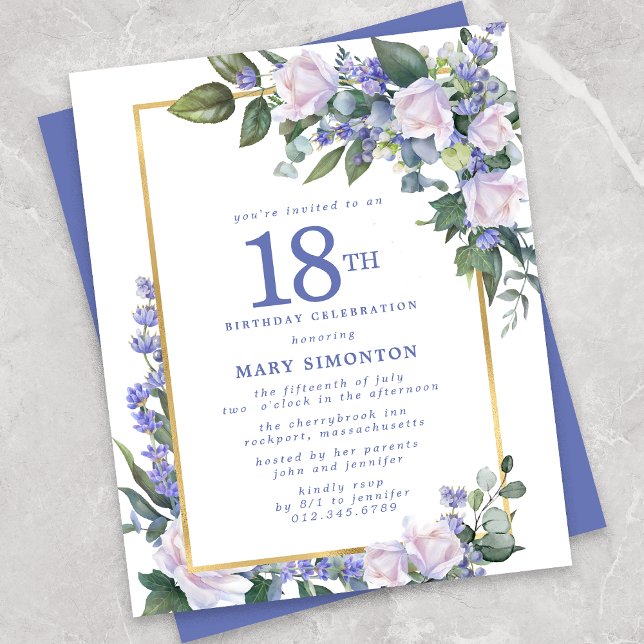 Papier Invitation de 18e anniversaire à fleurs bleues et  (Créateur téléchargé)