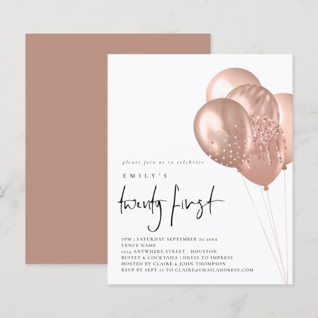 Papier Invitation de 21e partie Rose Budget Gold Balloons (Devant / Derrière)