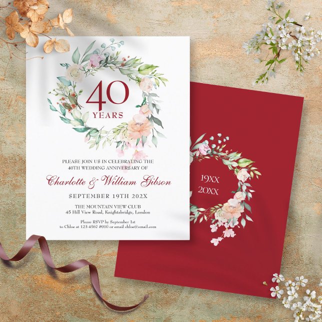 Papier Invitation de 40e anniversaire de mariage Ruby Flo (Budget 40th Anniversary Ruby Floral Invitation)