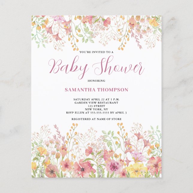 Papier Invitation de Baby Shower à fleurs roses pas chère (Devant)