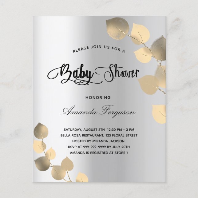 Papier Invitation de baby shower argent eucalyptus budget (Devant)
