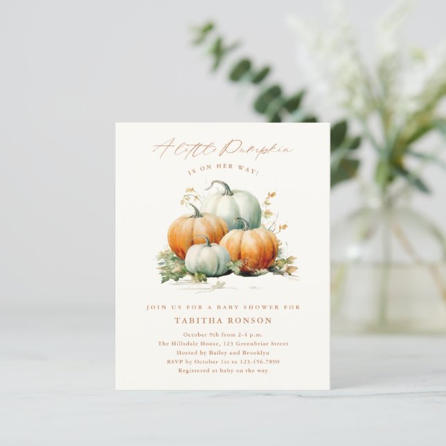 Papier Invitation de Baby Shower automne Petit Citrouille (Debout devant)