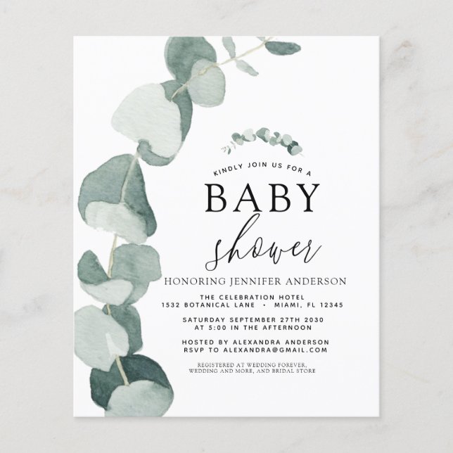 Papier Invitation de Baby Shower avec feuillage de eucaly (Devant)
