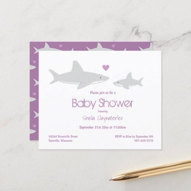 Papier Invitation de Baby shower blanc violet de requin b (Devant/Arrière en situation)