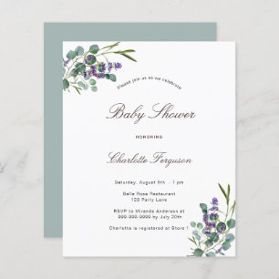 Papier Invitation de baby shower Budget eucalyptus lavend