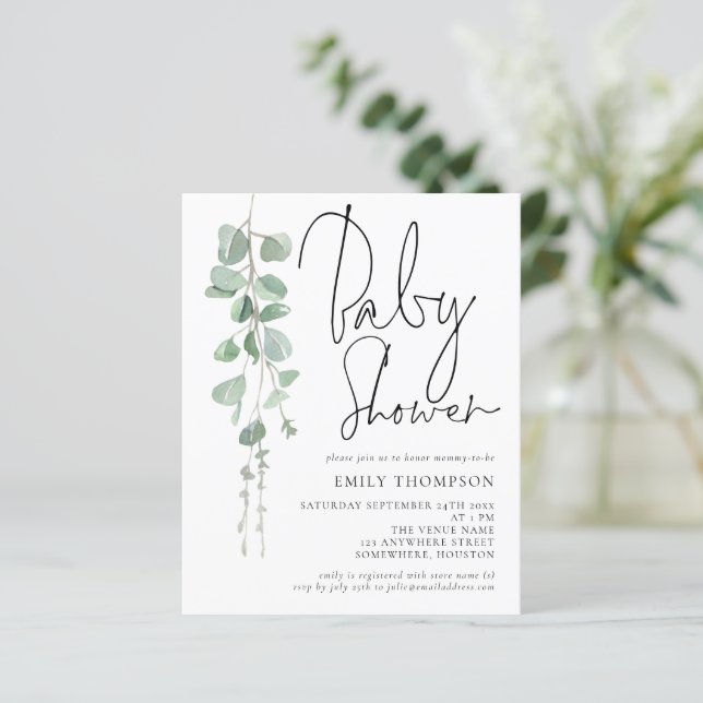 Papier Invitation de Baby shower Eucalyptus Script Budget (Debout devant)