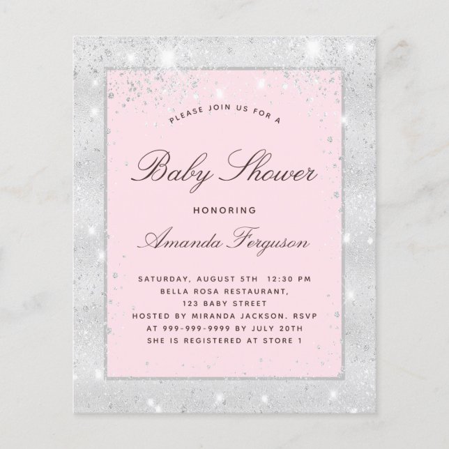 Papier Invitation de baby shower fille argent rose bon ma (Devant)