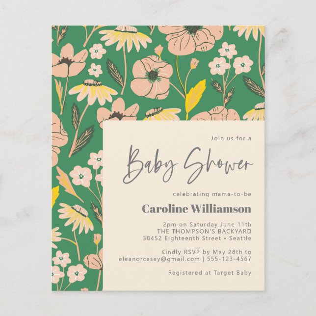 Papier Invitation de Baby Shower Fleurie Verte Rose Migno (Devant)