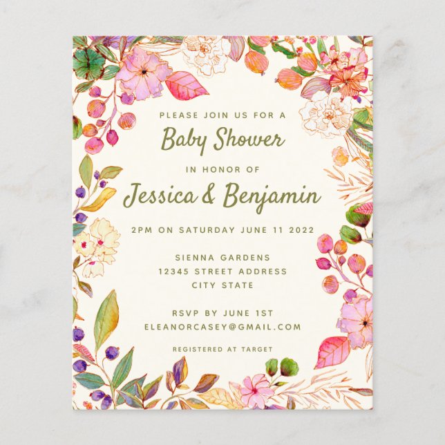 Papier Invitation de Baby shower floral à l'aquarelle fin (Devant)
