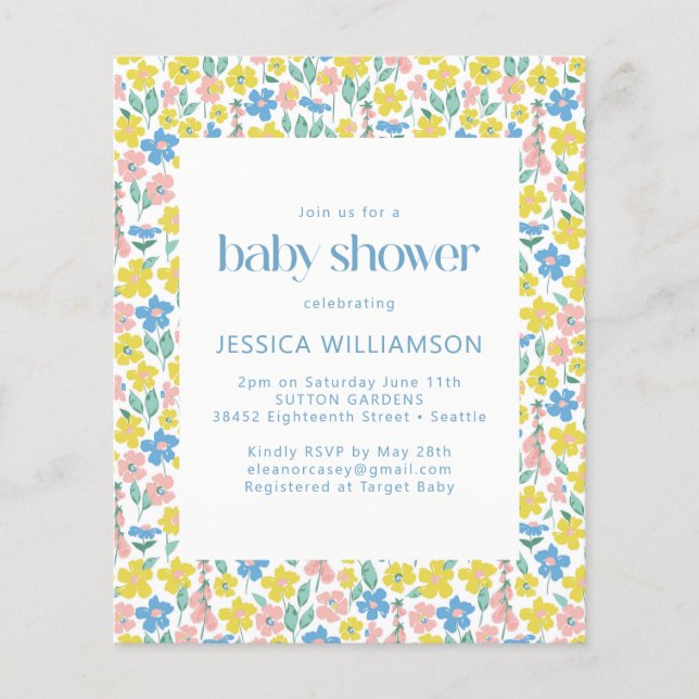 Papier Invitation de Baby shower floral Budget Jaune Dits (Devant)