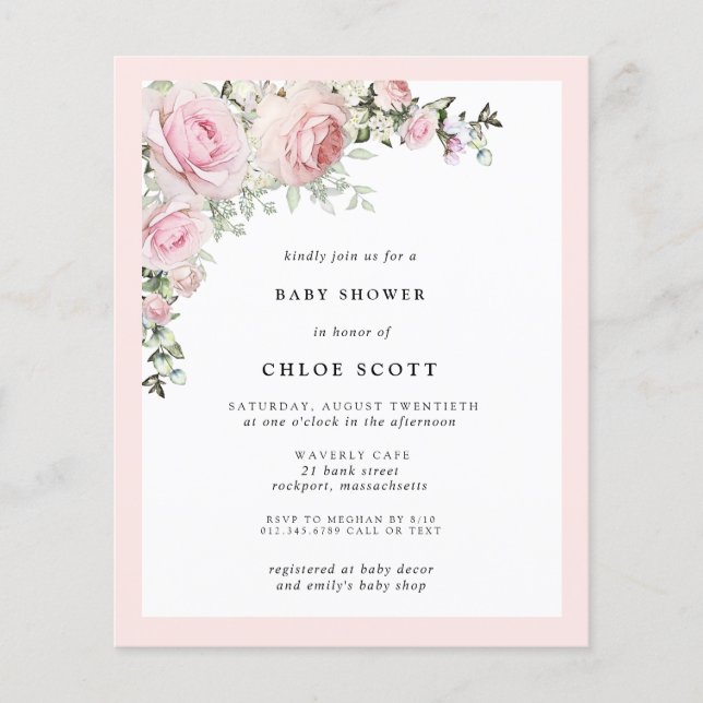 Papier Invitation de Baby shower floral rose rose Budget (Devant)