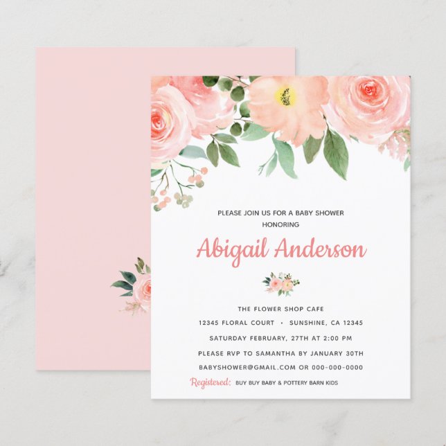 Papier Invitation de Baby shower floral rose rose Budget (Devant / Derrière)