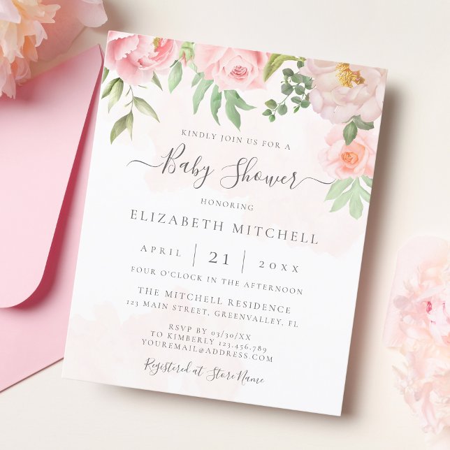 Papier Invitation de Baby shower floral rose rose Budget (Créateur téléchargé)